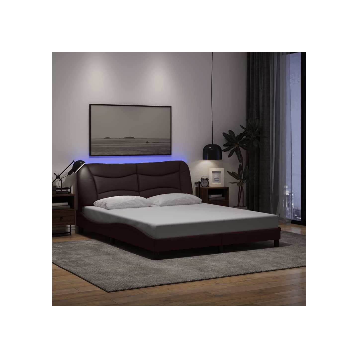Cadre de lit avec LED sans matelas Hvar marron foncé 160x200cm tissu