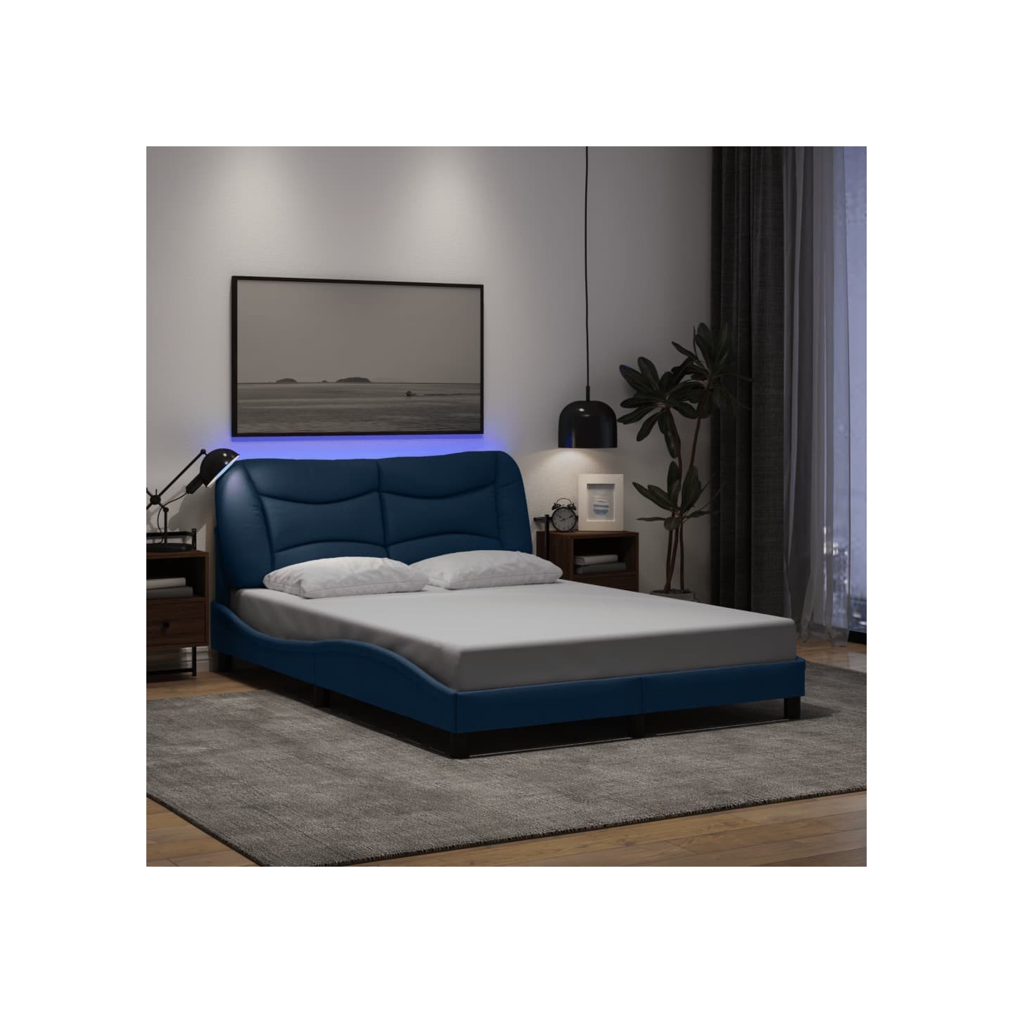 Cadre de lit avec LED sans matelas Hvar bleu 140x200 cm tissu