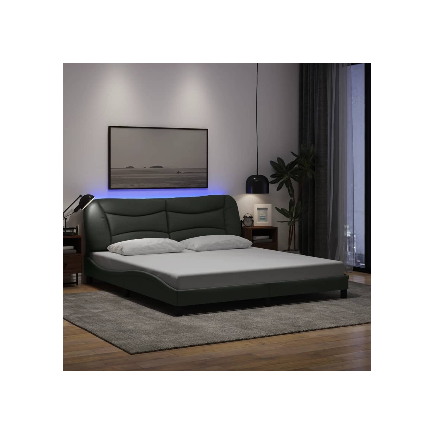 Cadre de lit avec LED sans matelas Hvar gris foncé 180x200 cm tissu