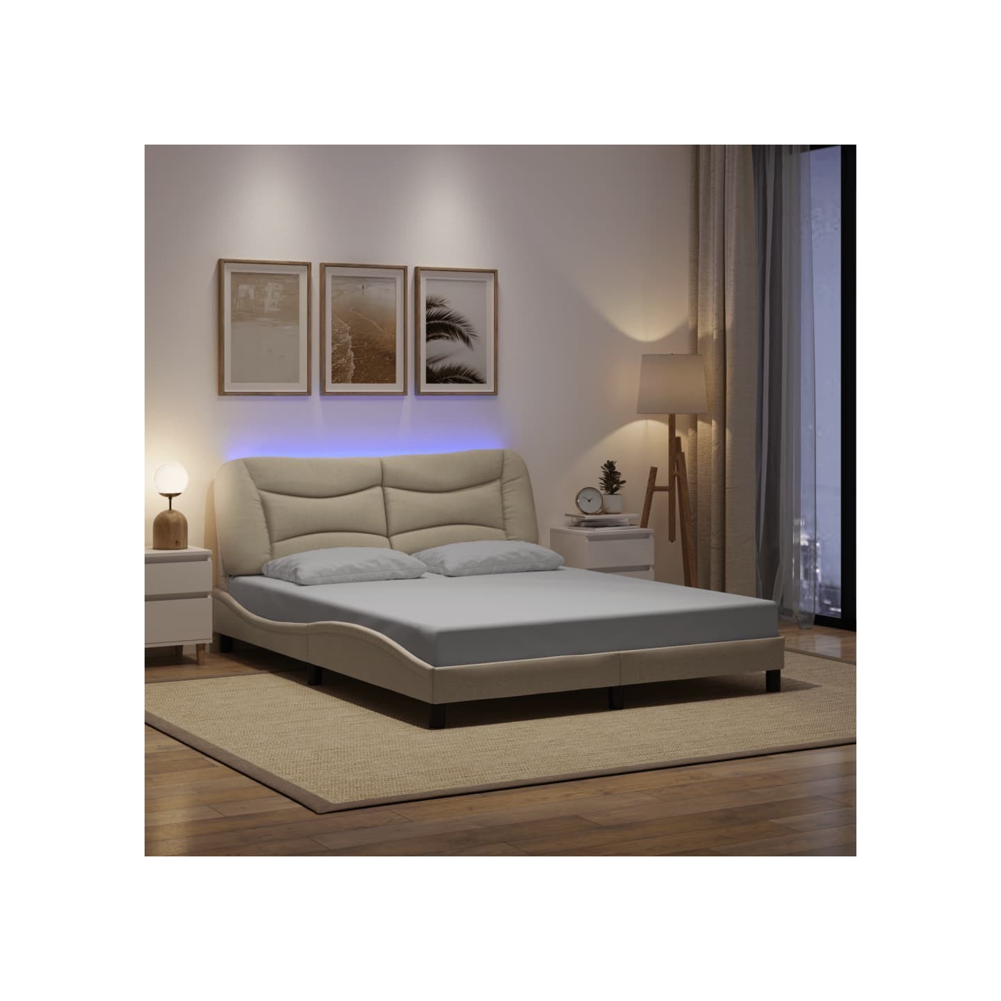 Cadre de lit avec LED sans matelas Hvar crème 160x200 cm tissu
