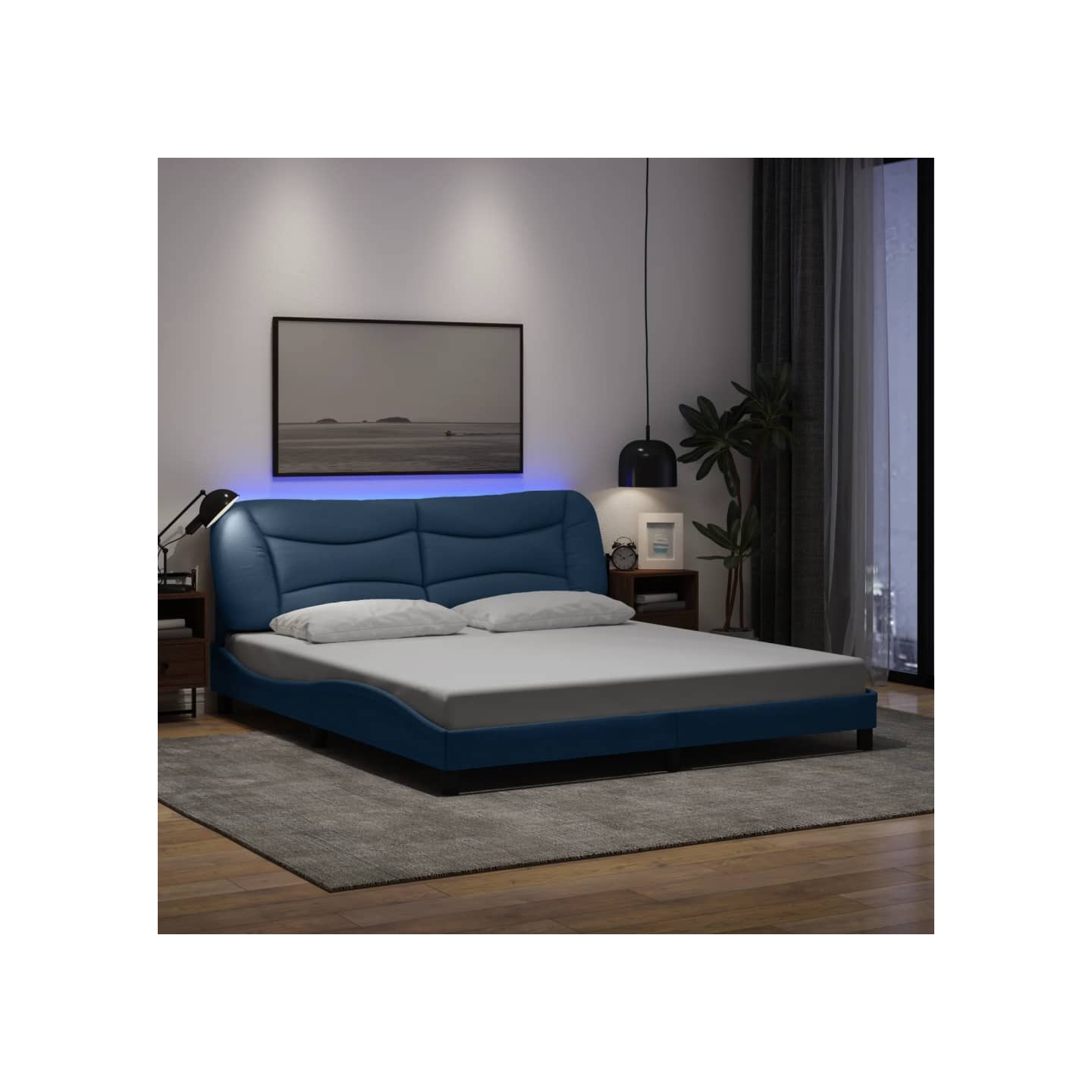 Cadre de lit avec LED sans matelas Hvar bleu 180x200 cm tissu