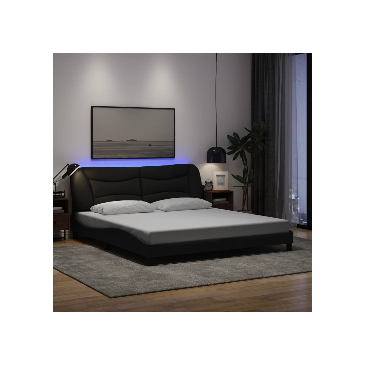 Cadre de lit avec LED sans matelas Hvar noir 180x200 cm tissu