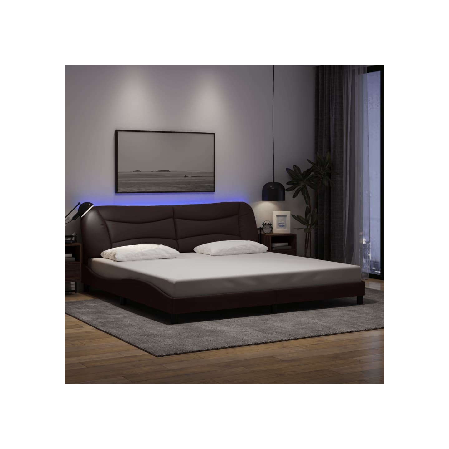Cadre de lit avec LED sans matelas Hvar marron foncé 200x200cm tissu