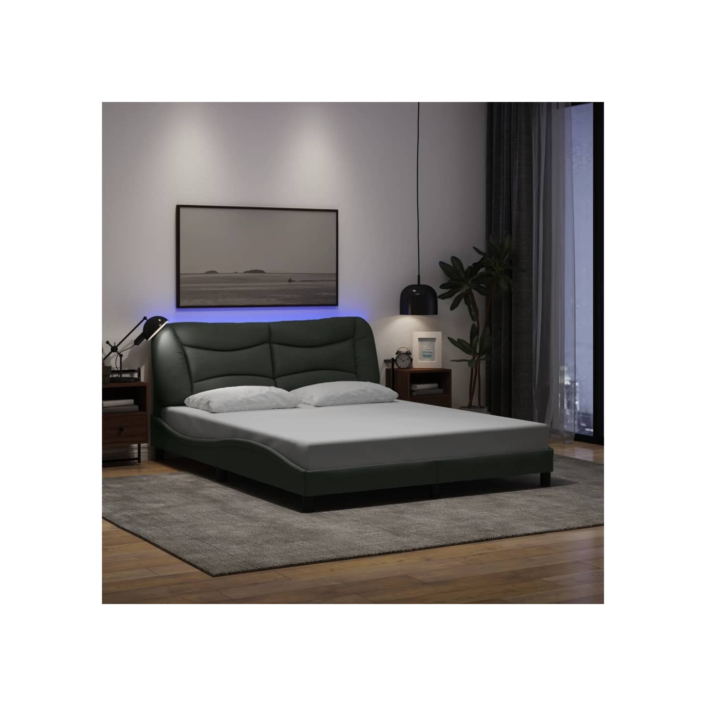 Cadre de lit avec LED sans matelas Hvar gris foncé 160x200 cm tissu