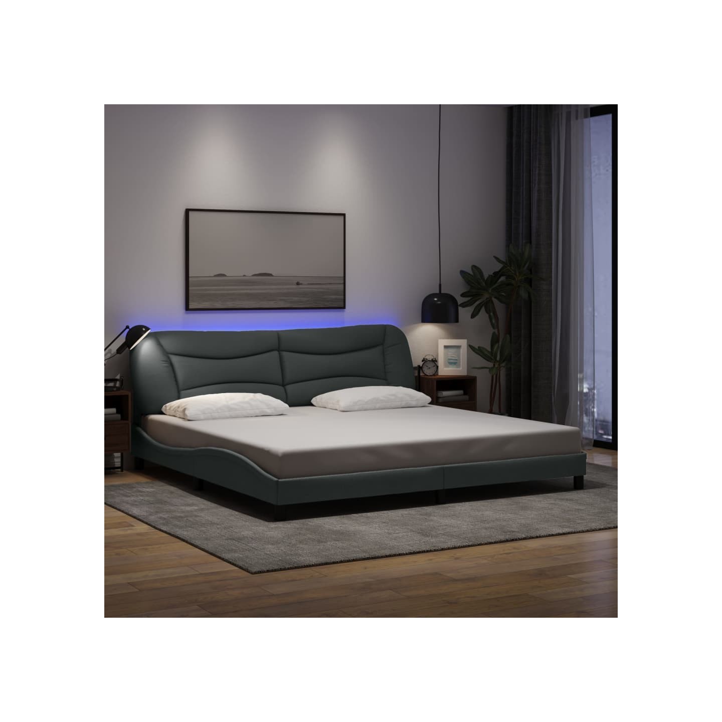 Cadre de lit avec LED sans matelas Hvar gris clair 200x200 cm tissu