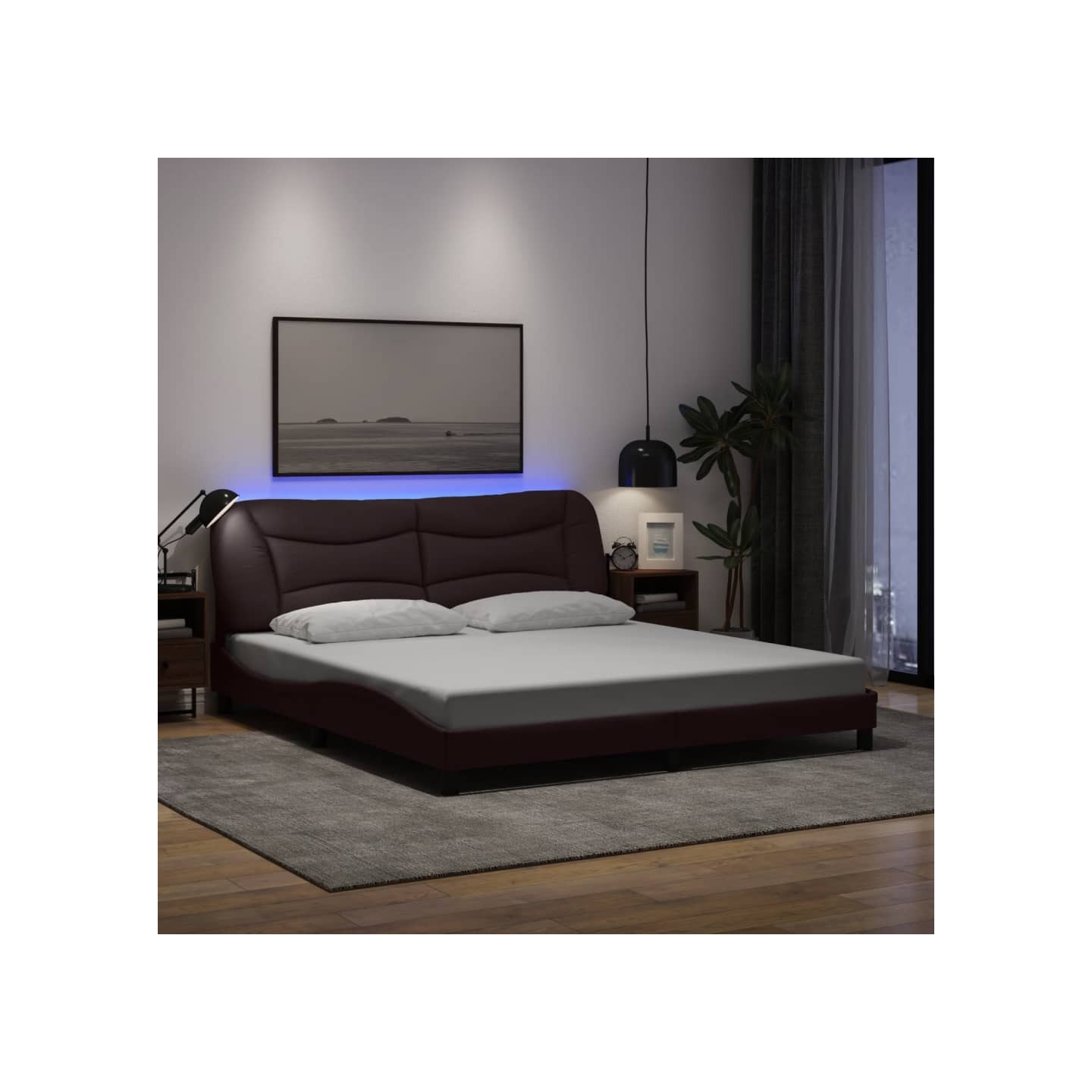 Cadre de lit avec LED sans matelas Hvar marron foncé 180x200cm tissu