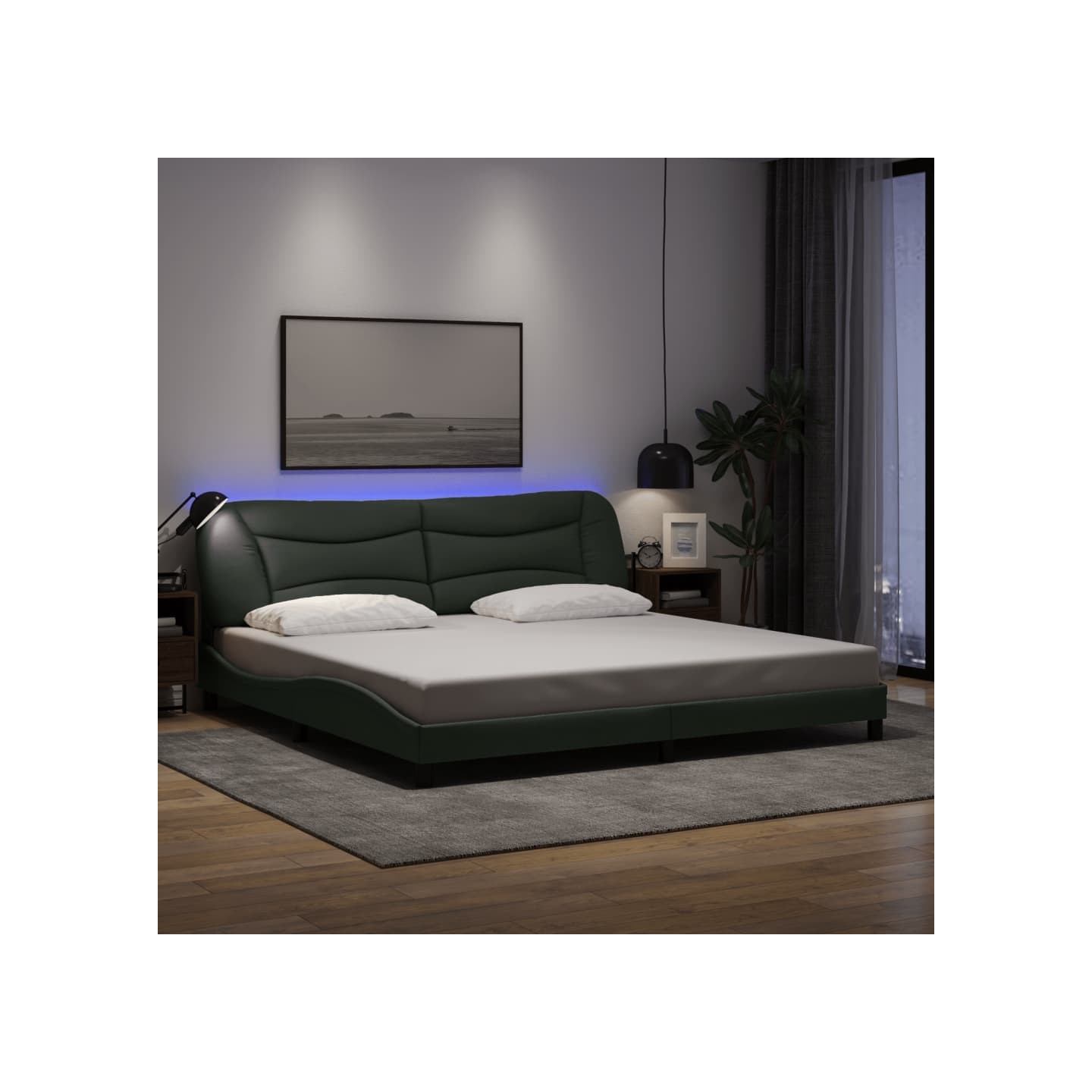 Cadre de lit avec LED sans matelas Hvar gris foncé 200x200 cm tissu