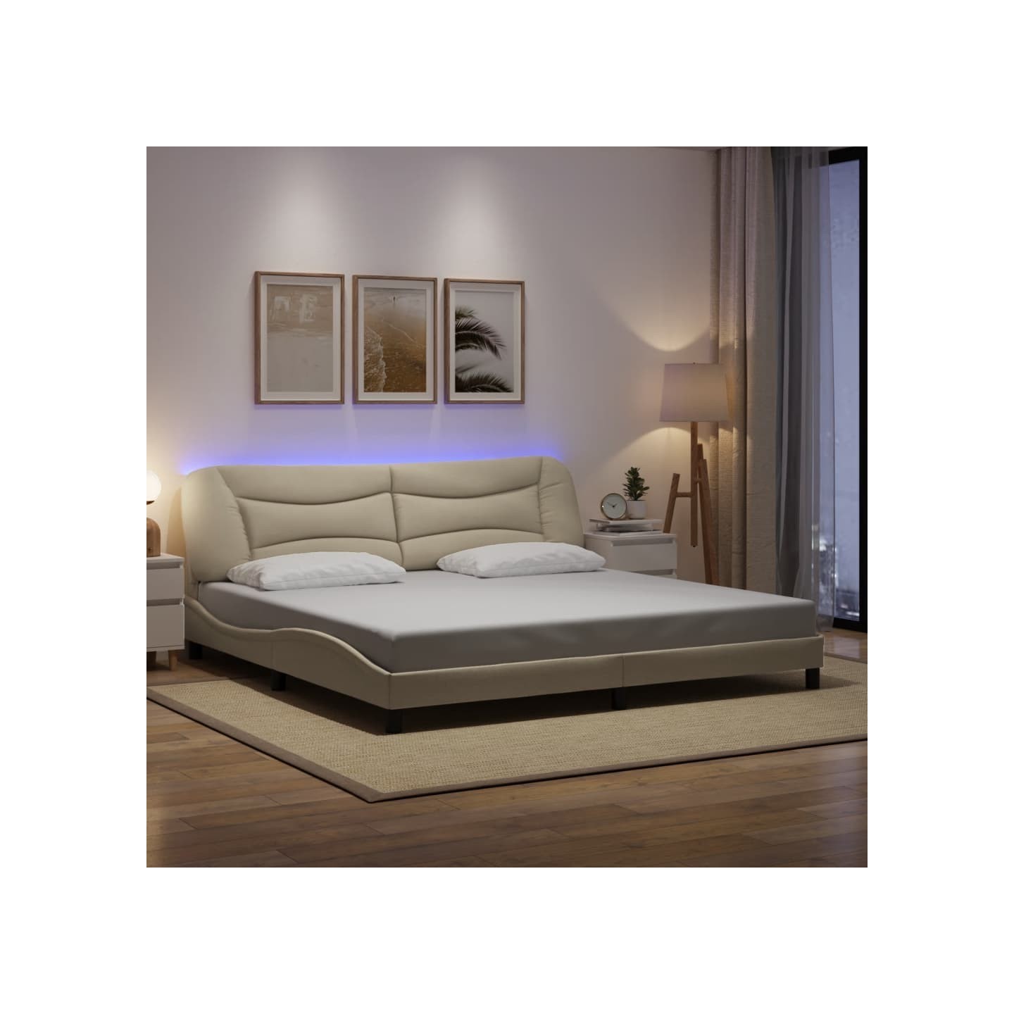 Cadre de lit avec LED sans matelas Hvar crème 200x200 cm tissu