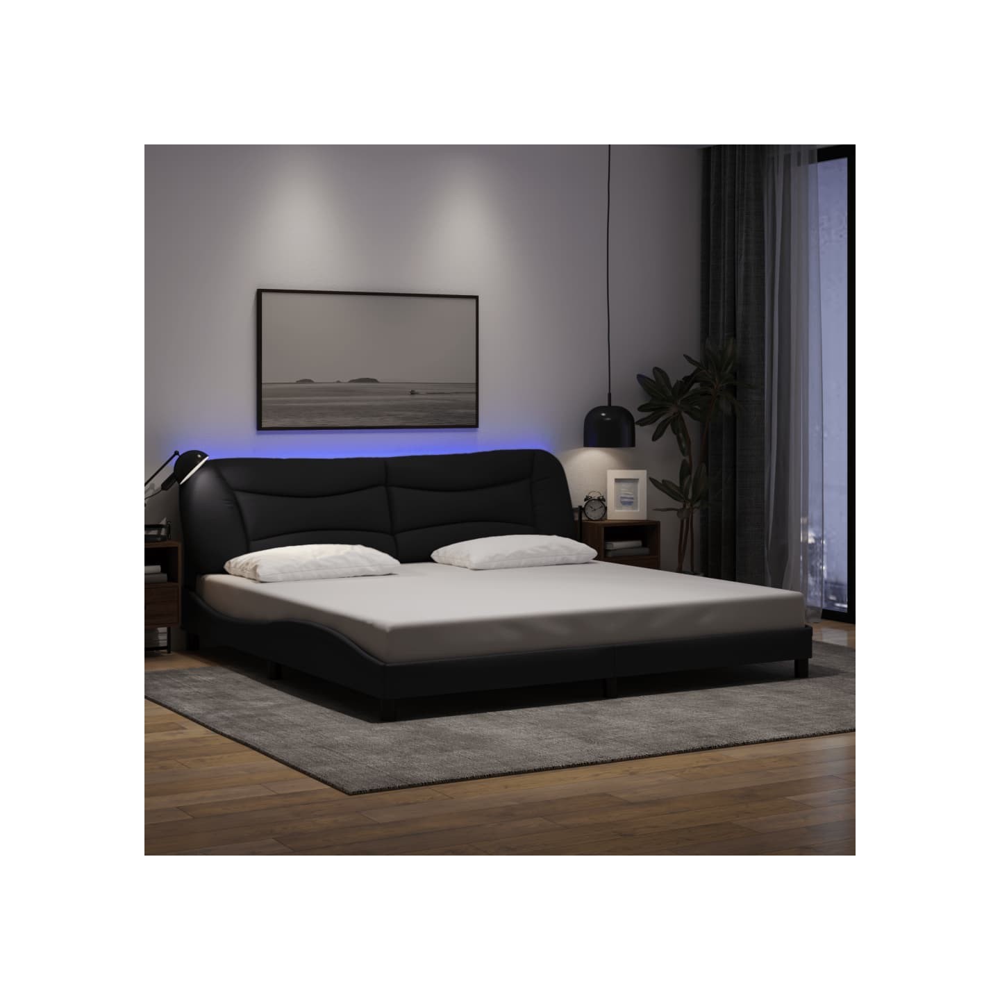 Cadre de lit avec LED sans matelas Hvar noir 200x200 cm tissu