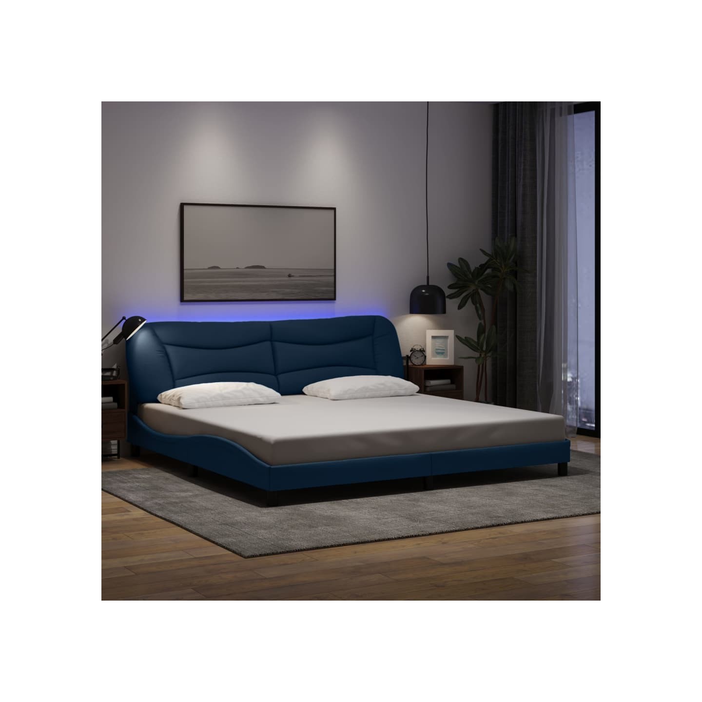 Cadre de lit avec LED sans matelas Hvar bleu 200x200 cm tissu