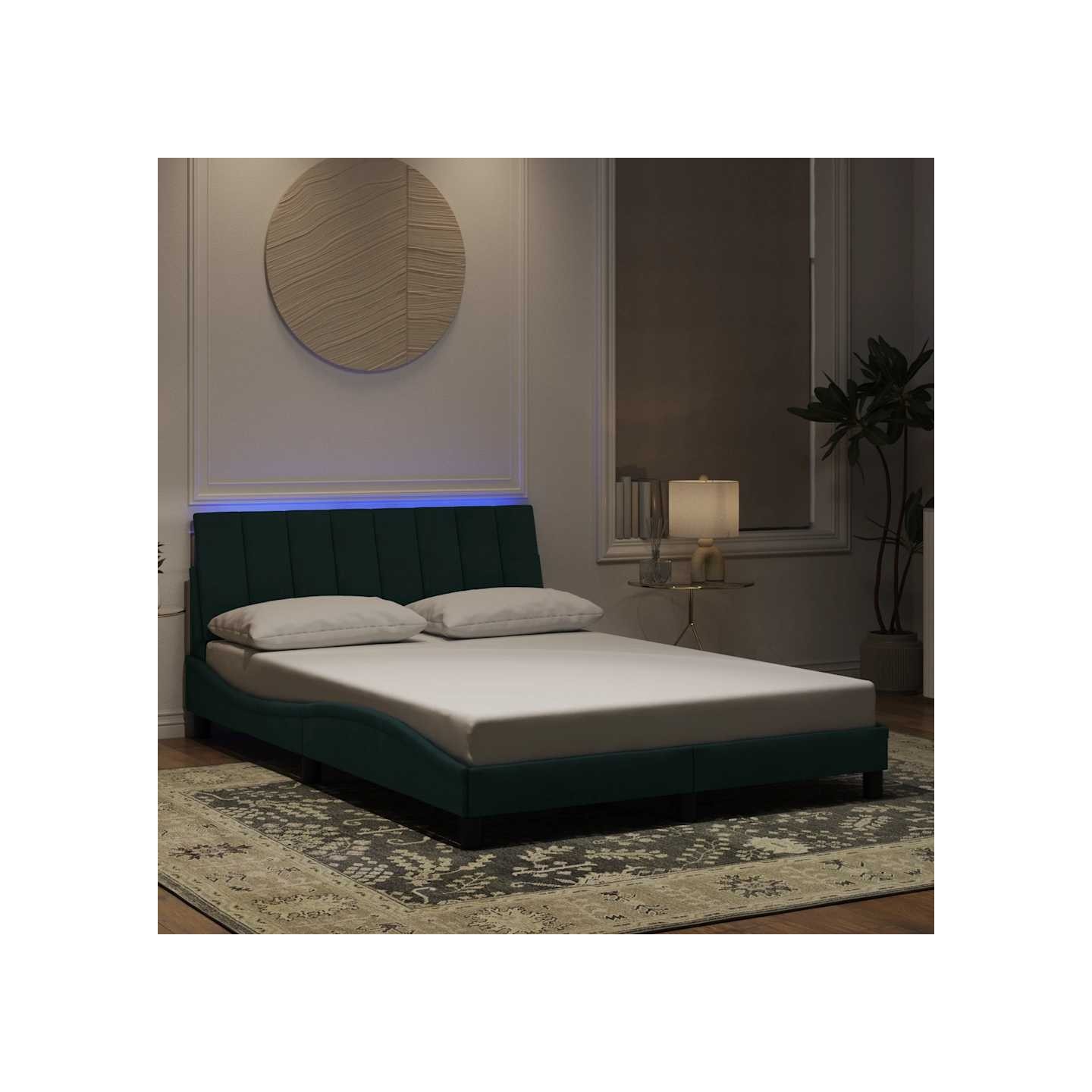 Cadre de lit avec LED sans matelas Hanko vert foncé 140x200 cm velours