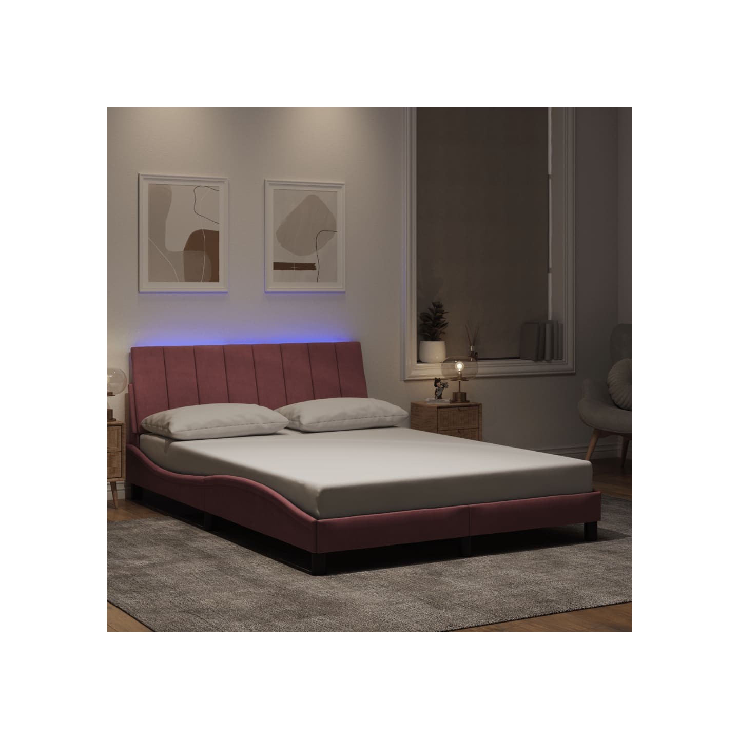 Cadre de lit avec LED sans matelas Hanko rose 140x200 cm velours