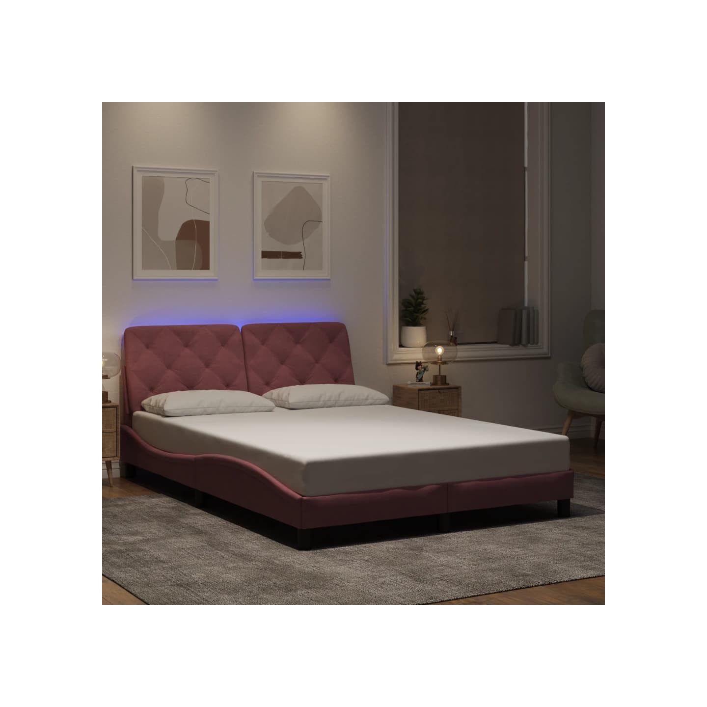 Cadre de lit avec LED sans matelas rose 140x190cm velours