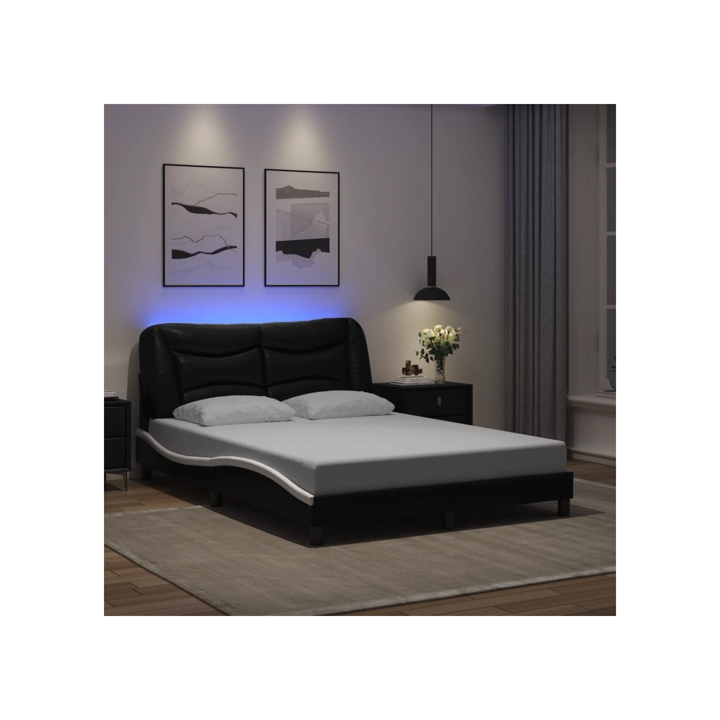 Cadre de lit avec LED sans matelas Hvar noir et blanc 140x200 cm