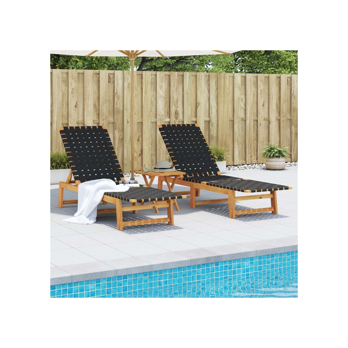Chaises longues lot de 2 avec table noir bois massif d'acacia