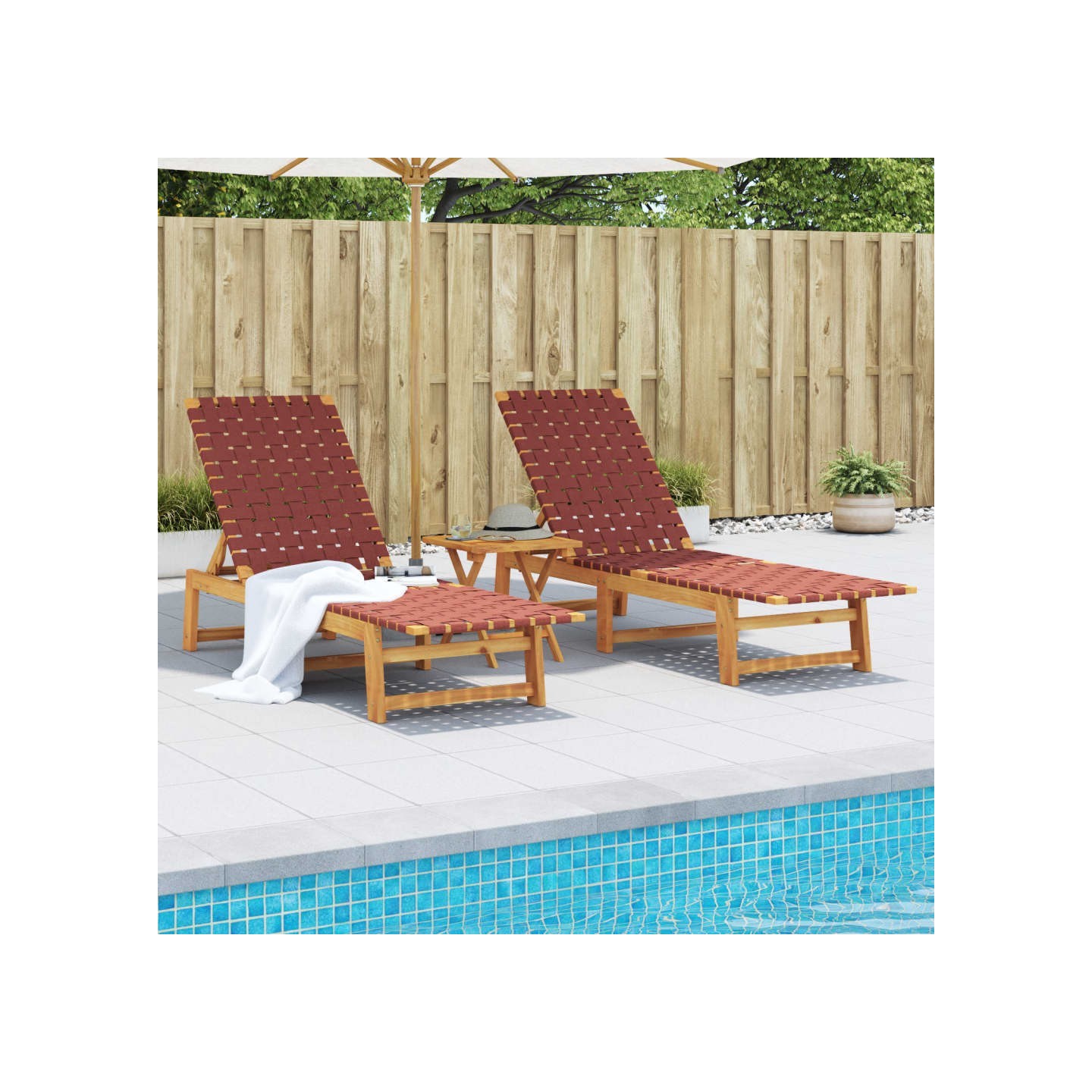 Chaises longues lot de 2 rouge bois d'acacia solide et tissu