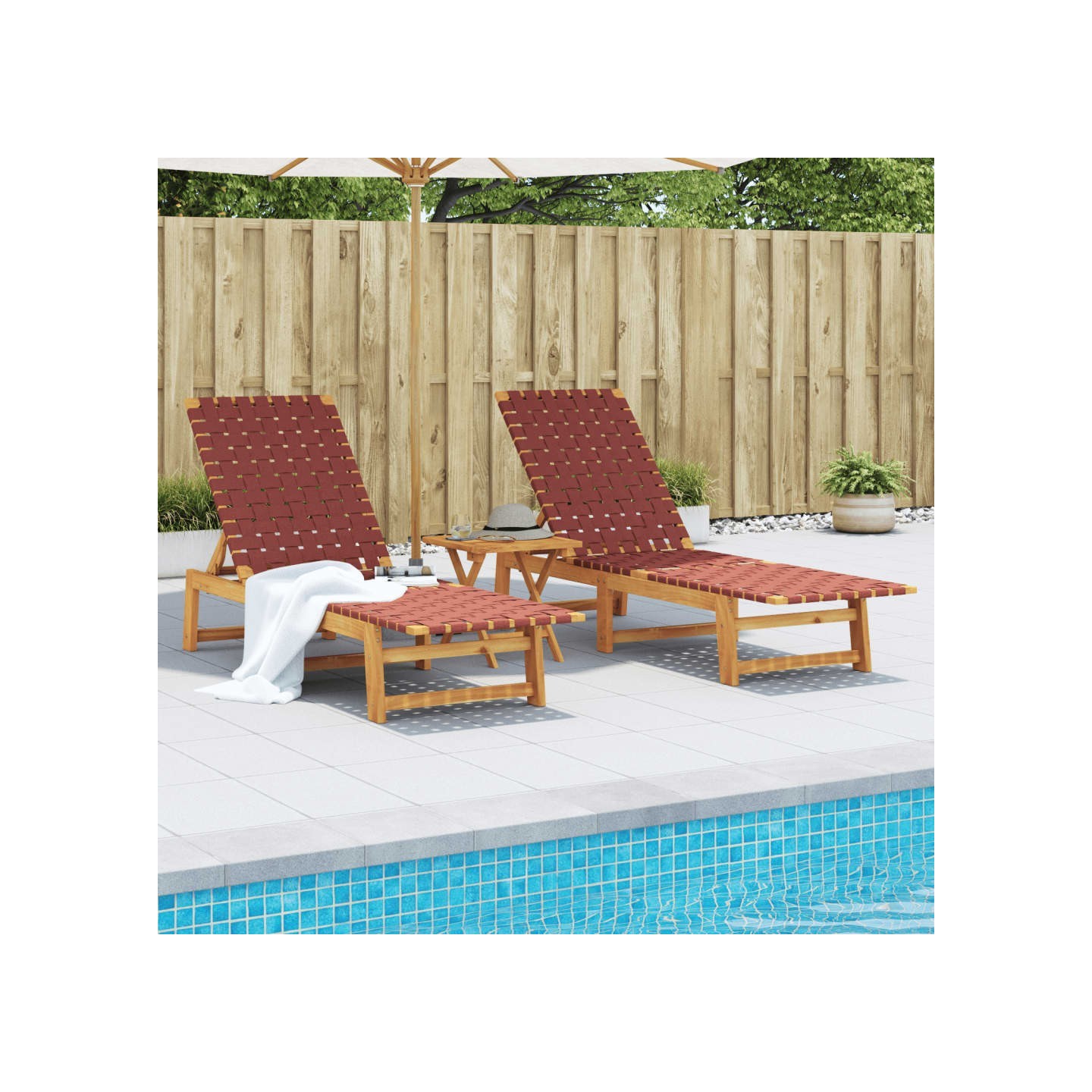 Chaises longues lot de 2 avec table rouge bois massif d'acacia