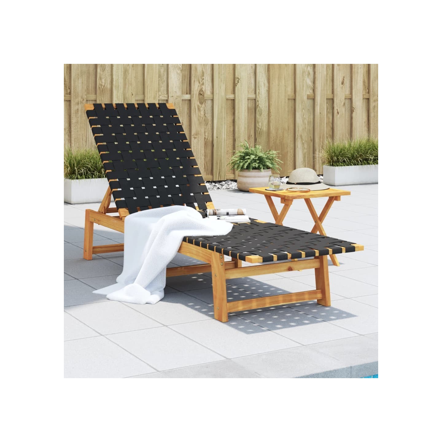Chaises longues avec table noir bois d'acacia solide et tissu