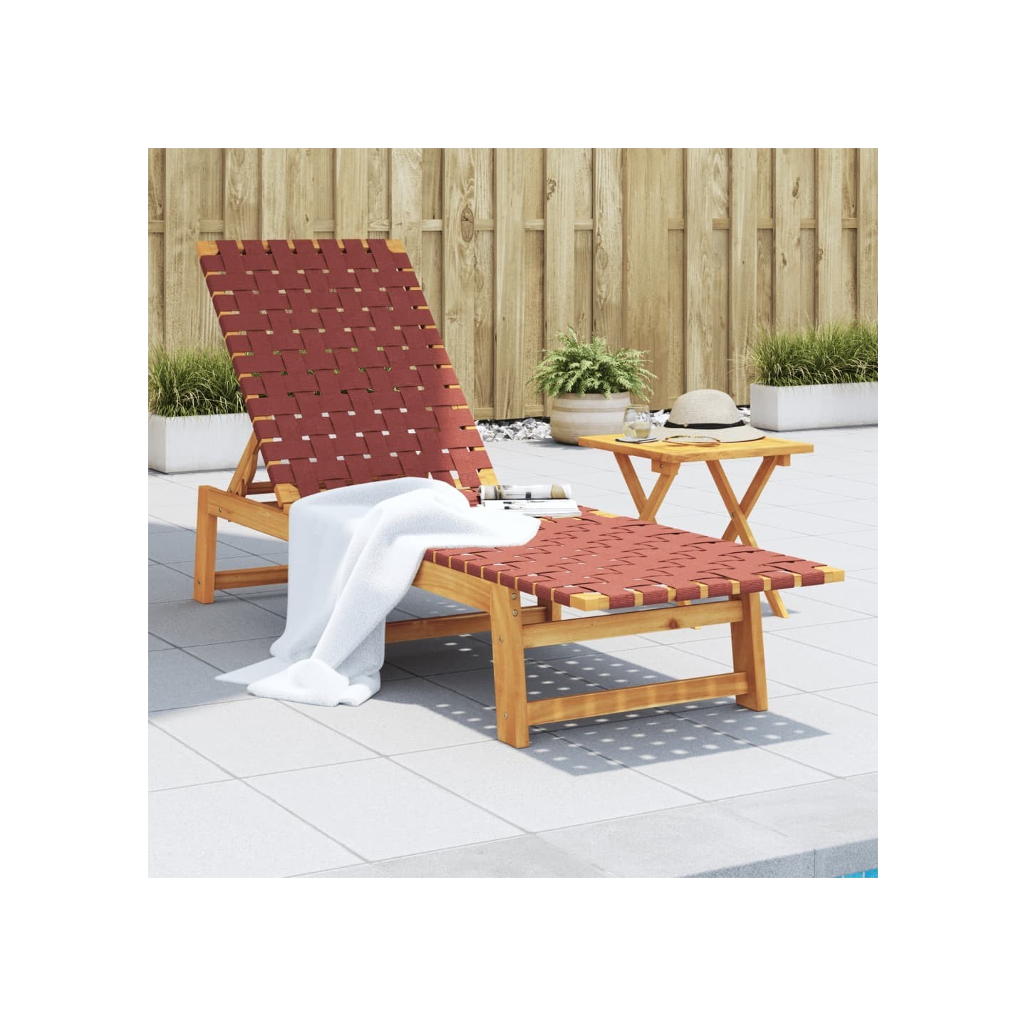 Chaises longues avec table rouge bois d'acacia solide et tissu