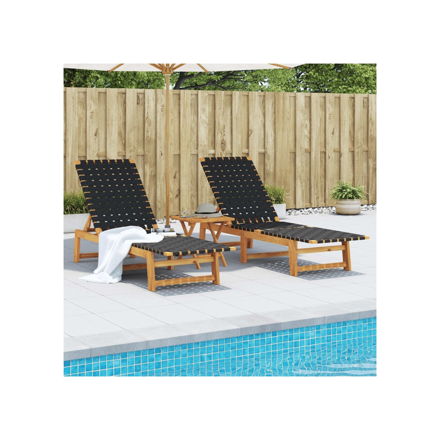 Chaises longues lot de 2 noir bois d'acacia solide et tissu