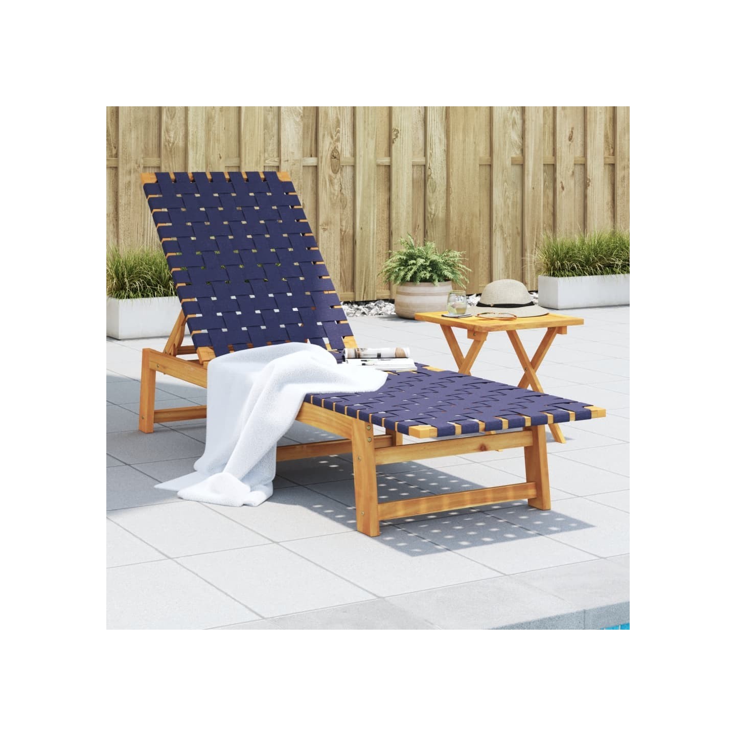 Chaises longues et table bleu foncé bois d'acacia solide tissu