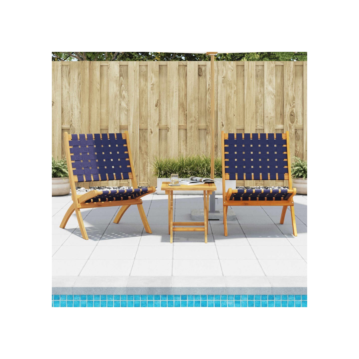 Ensemble de 2 chaises pliantes avec table en bois massif bleu foncé