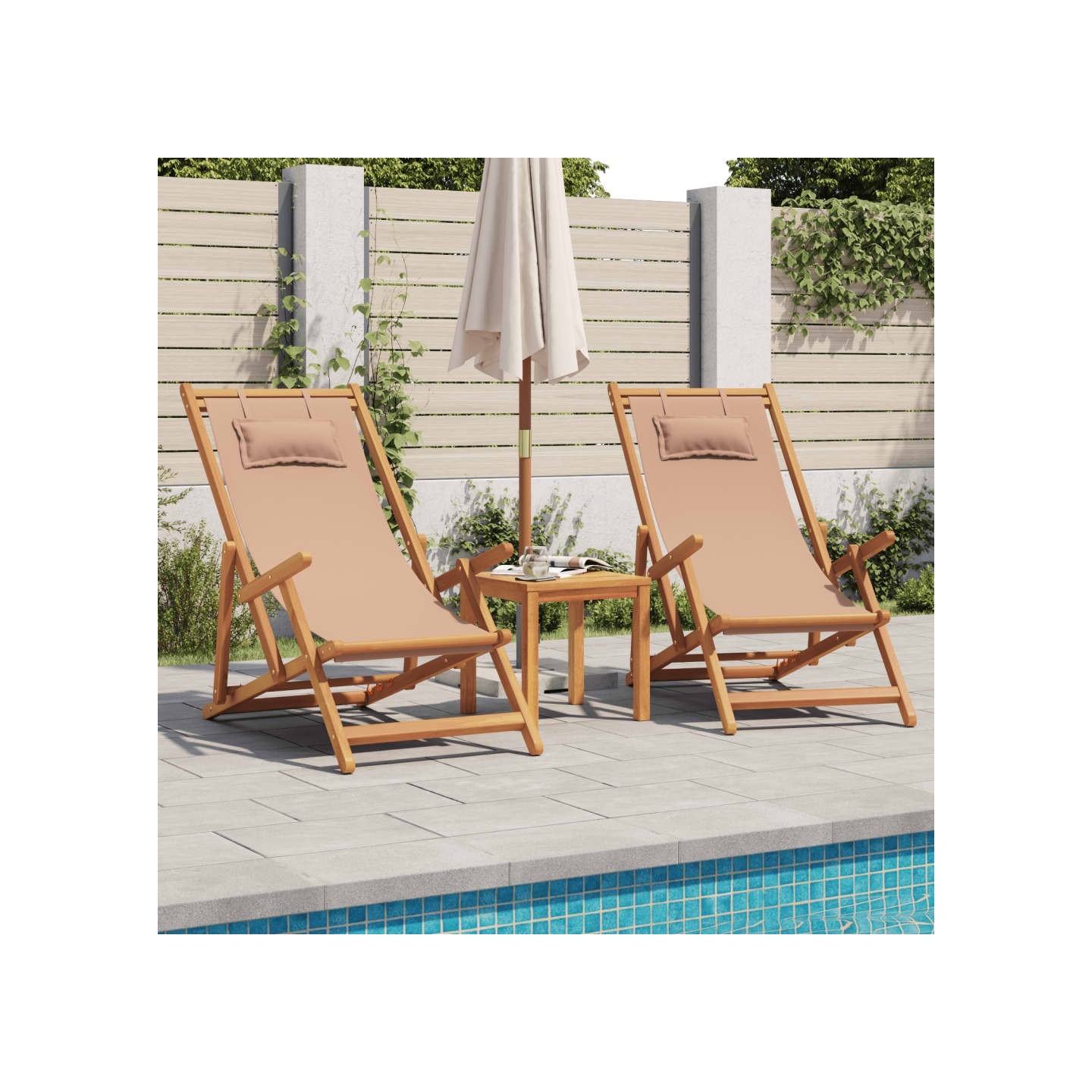 Chaises pliantes 2 pièces, tissu taupe et bois massif