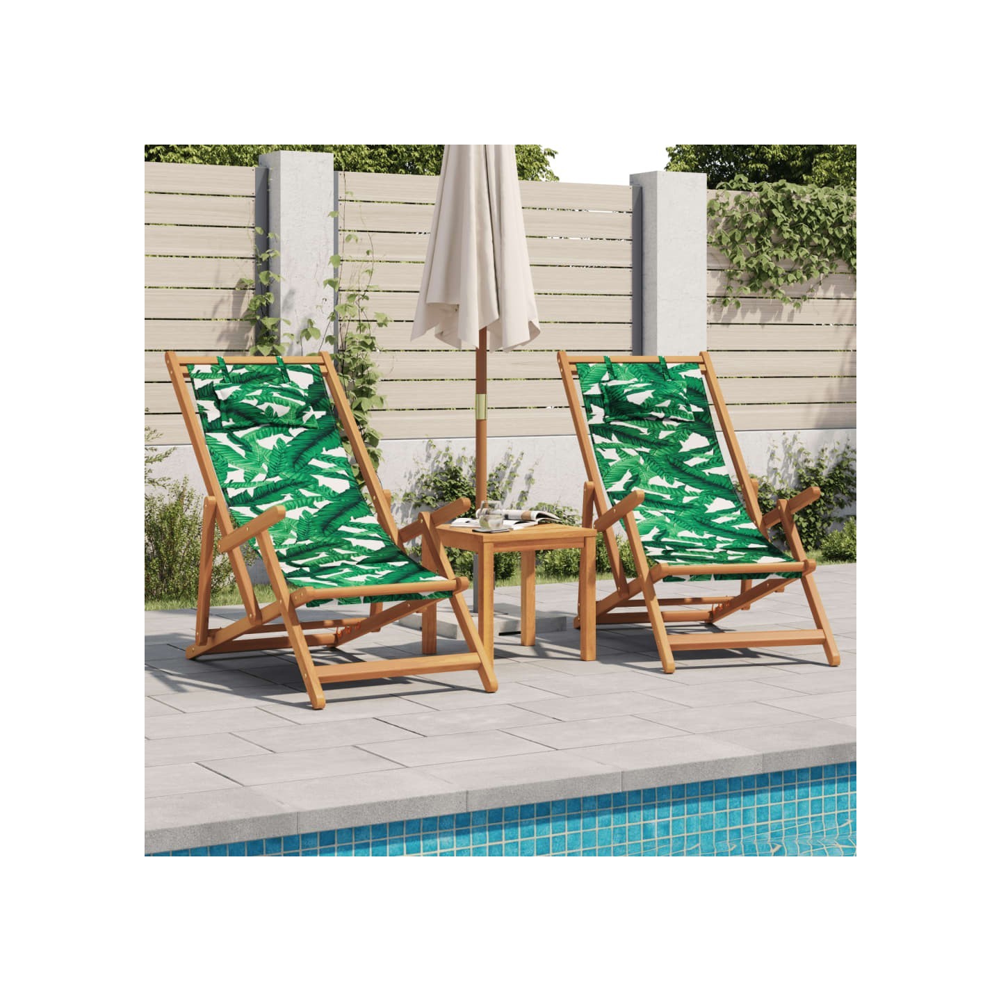 Chaises pliantes 2 pièces, tissu à motif de feuilles et bois massif