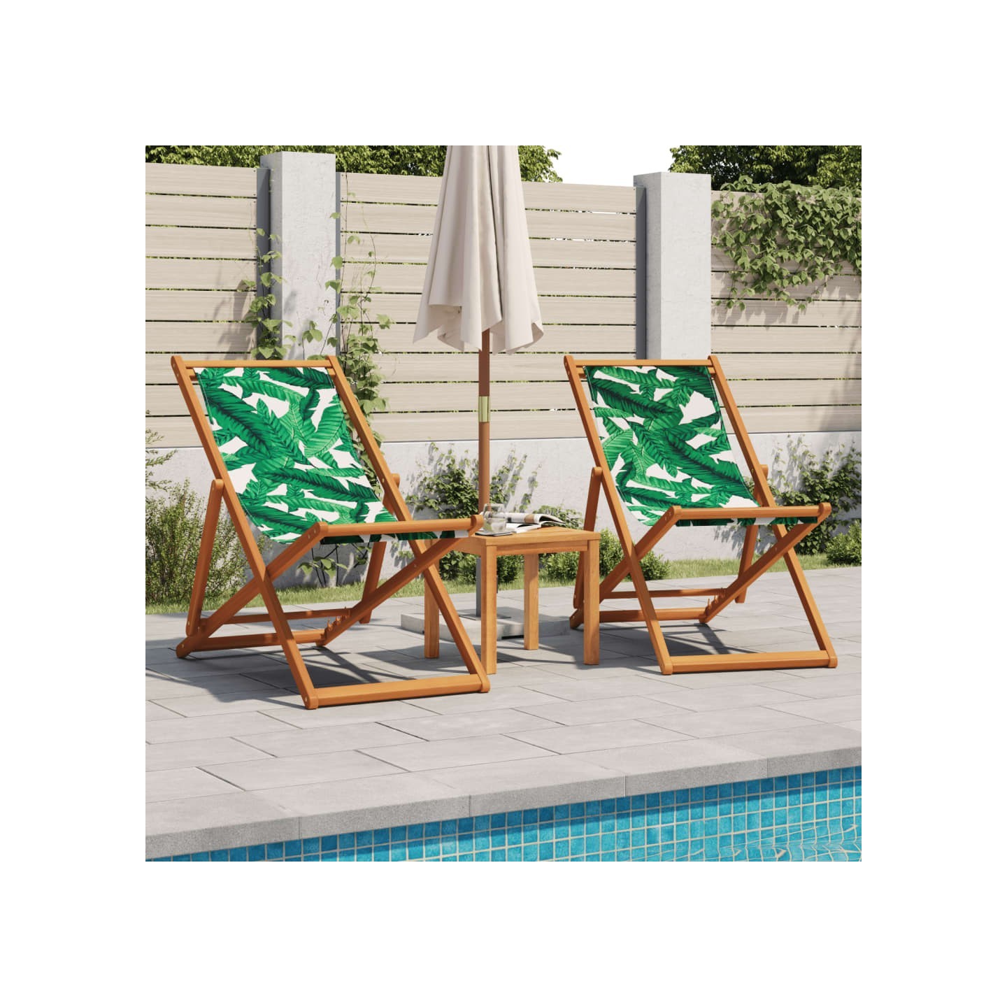 Chaises pliantes 2 pièces, tissu à motif de feuilles et bois massif