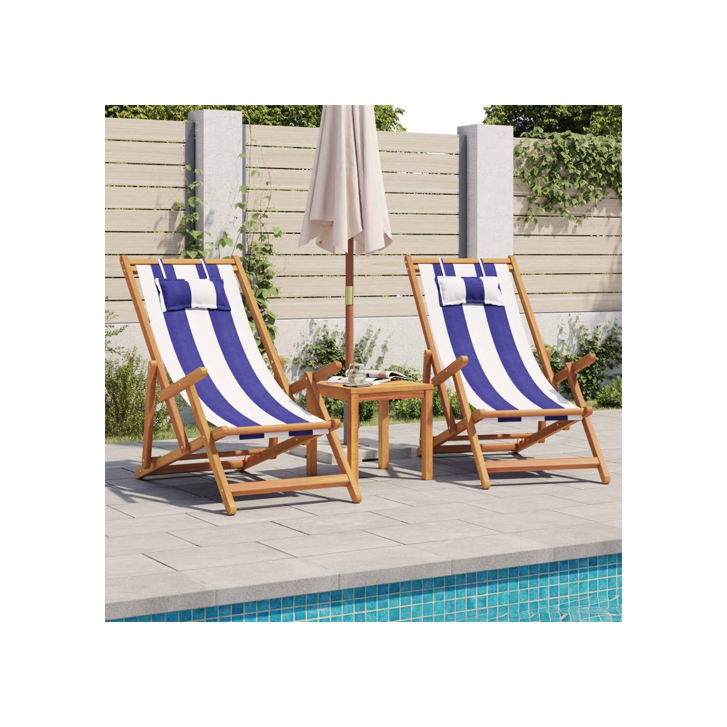 Chaises pliantes 2 pièces Tissu bleu et blanc et bois massif
