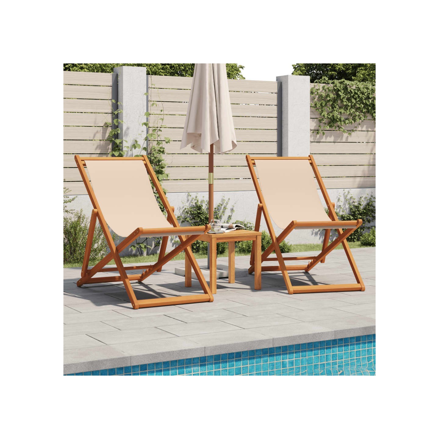 Chaises pliantes 2 pièces Tissu beige et bois massif