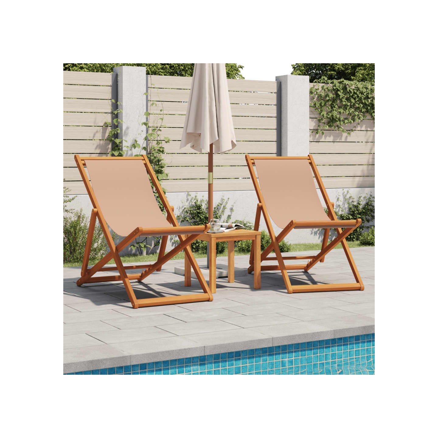 Chaises pliantes 2 pièces, tissu taupe et bois massif