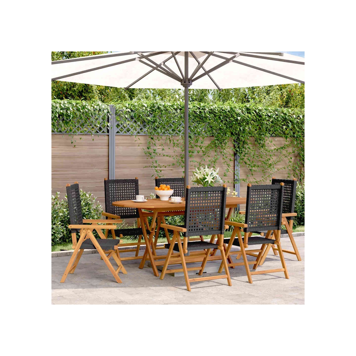 Fauteuils pliants inclinables, 6 pièces, en polyrotin noir et bois massif