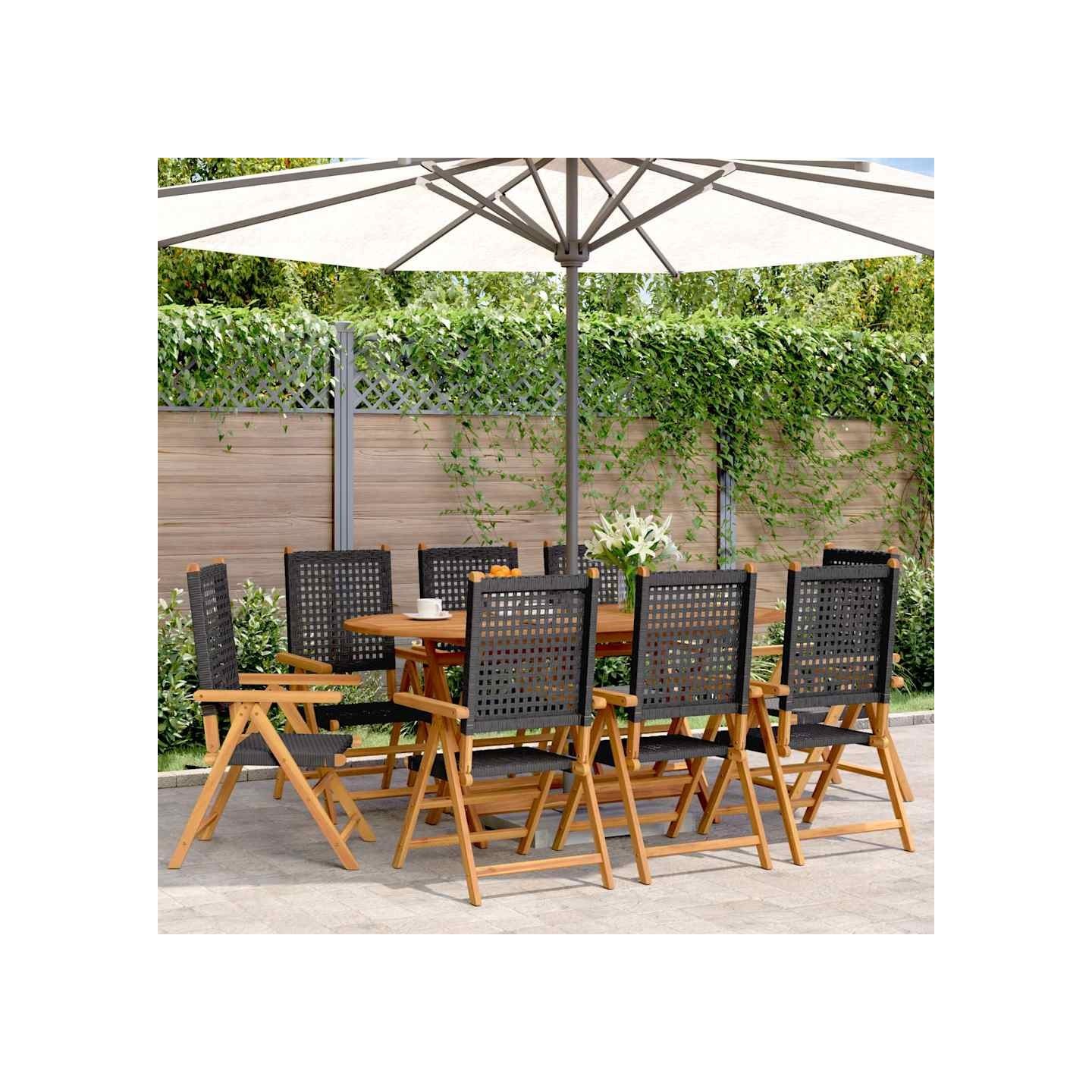 Fauteuils pliants inclinables, 8 pièces, en polyrotin noir et bois massif