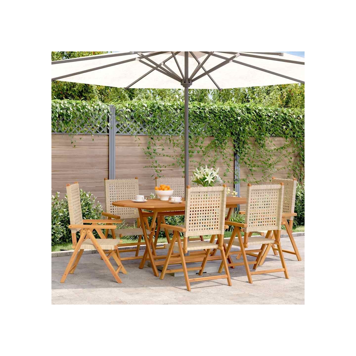 Fauteuils pliants inclinables, 6 pièces, en polyrotin beige et bois massif