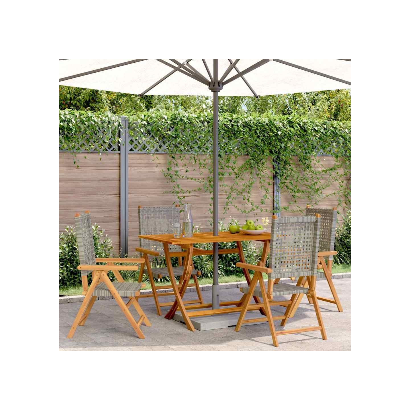 Fauteuils pliants inclinables, lot de 4, en polyrotin gris et bois massif