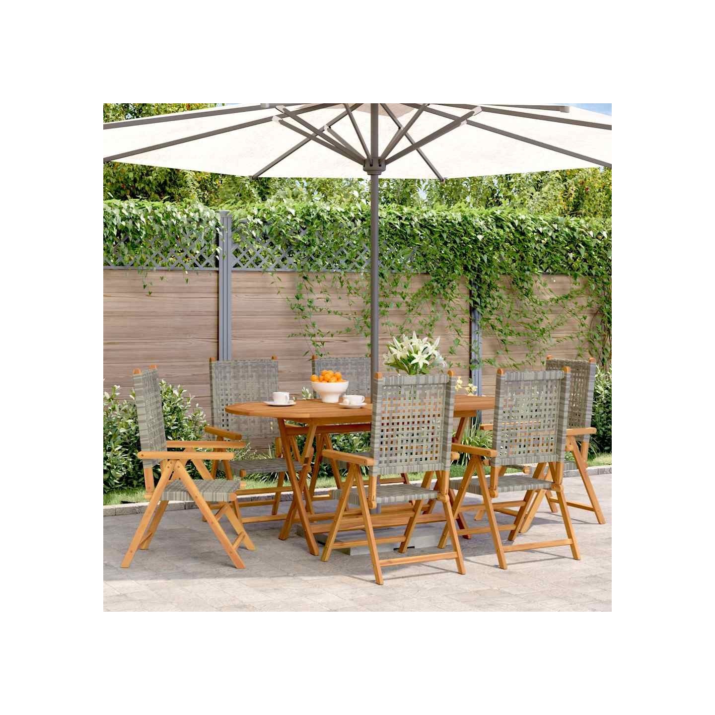 Fauteuils pliants inclinables, 6 pièces, en polyrotin gris et bois massif