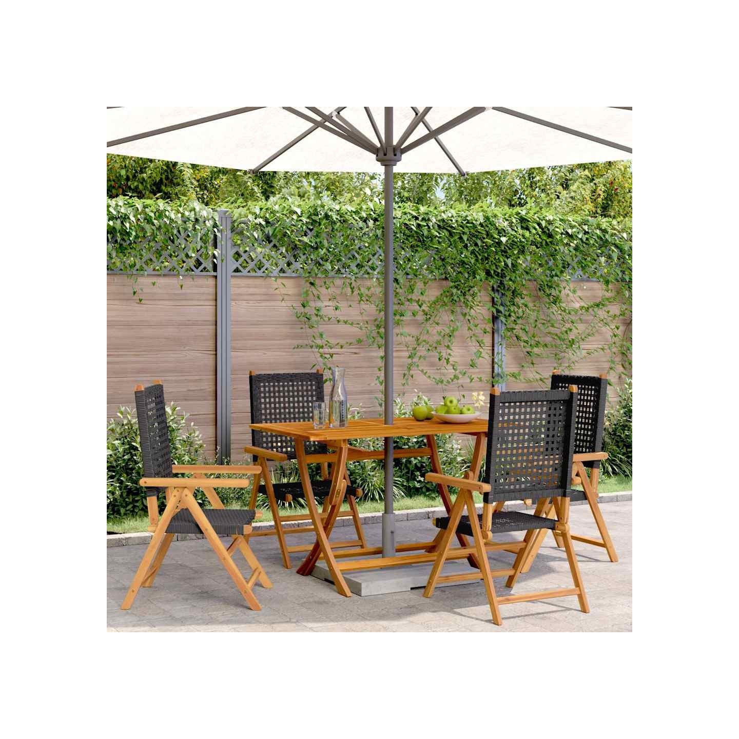Fauteuils pliants inclinables, lot de 4, en polyrotin noir et bois massif