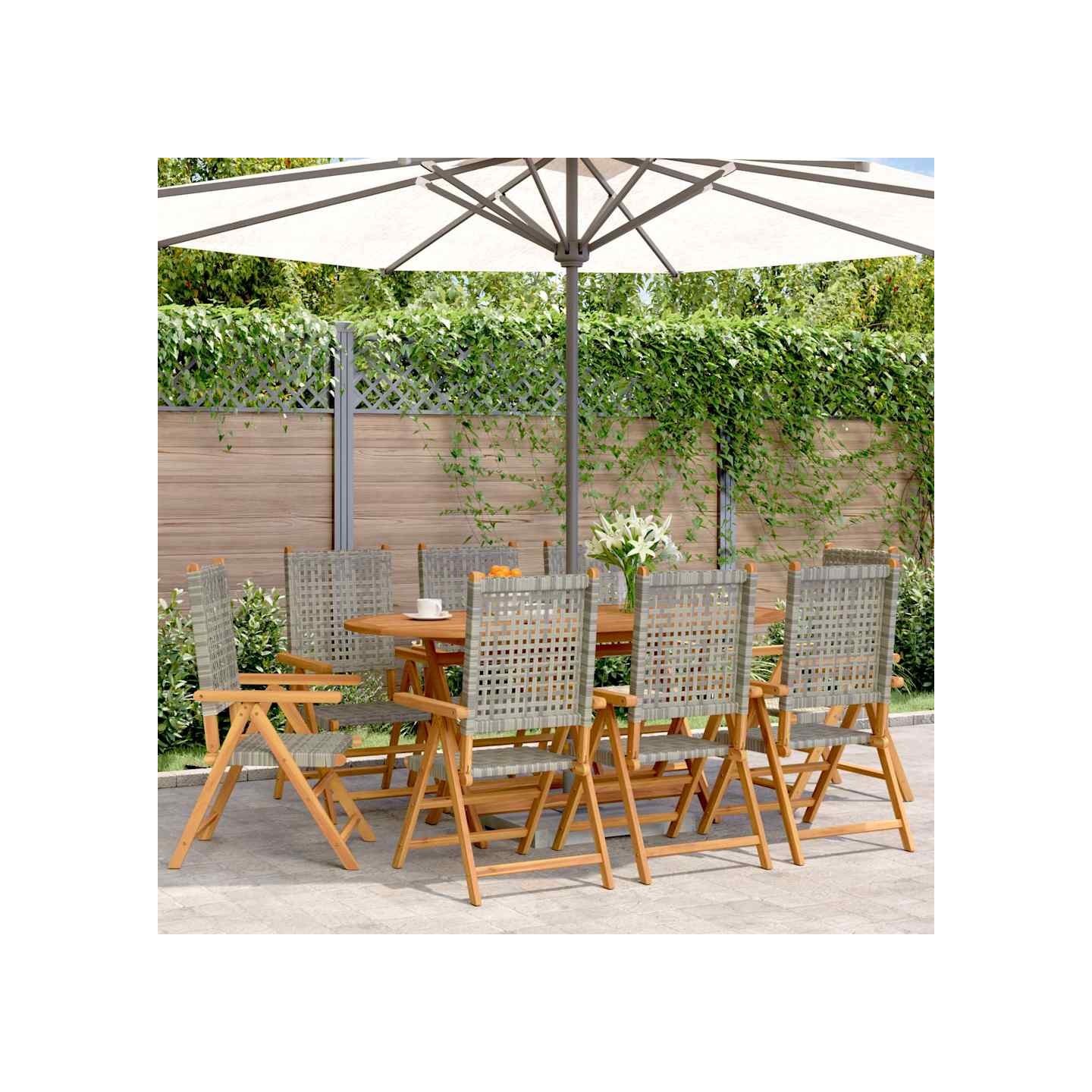 Fauteuils pliants inclinables, 8 pièces, en polyrotin gris et bois massif