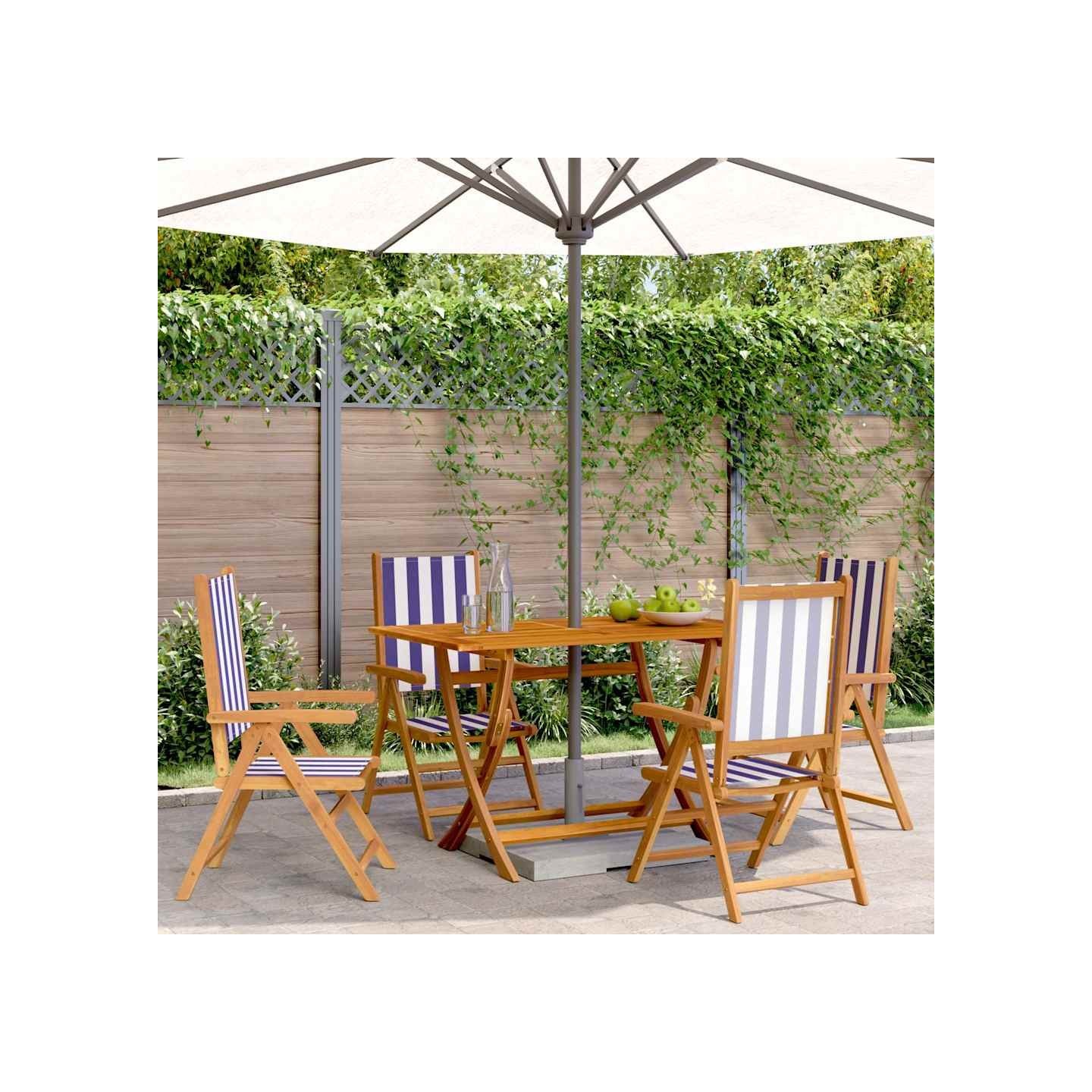 Fauteuils pliants inclinables 4 pcs bleu et blanc tissu et bois