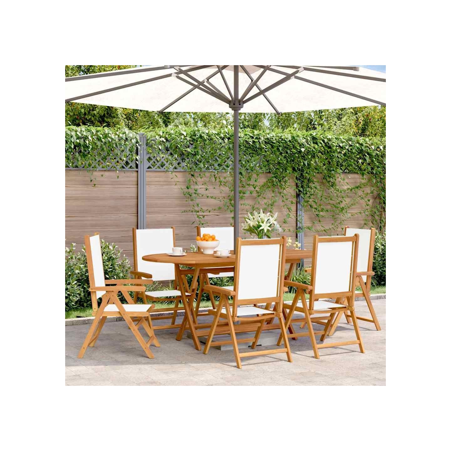 Fauteuils pliants inclinables, 6 pièces, tissu blanc crème et bois massif