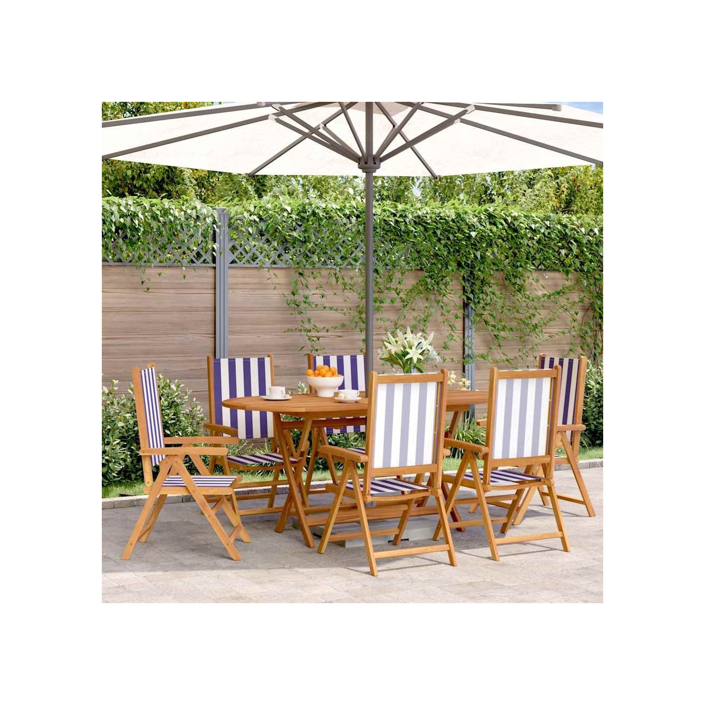 Fauteuils pliants inclinables 6 pcs bleu et blanc tissu et bois