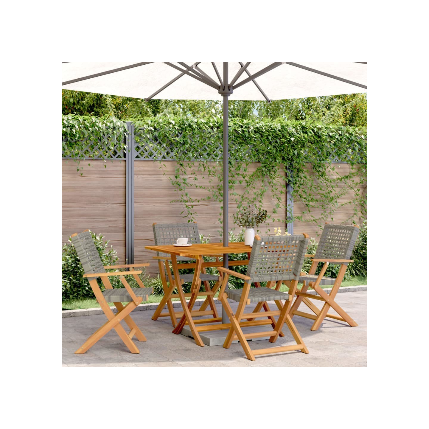 Chaises pliantes 4 pièces en polyrotin gris et bois massif