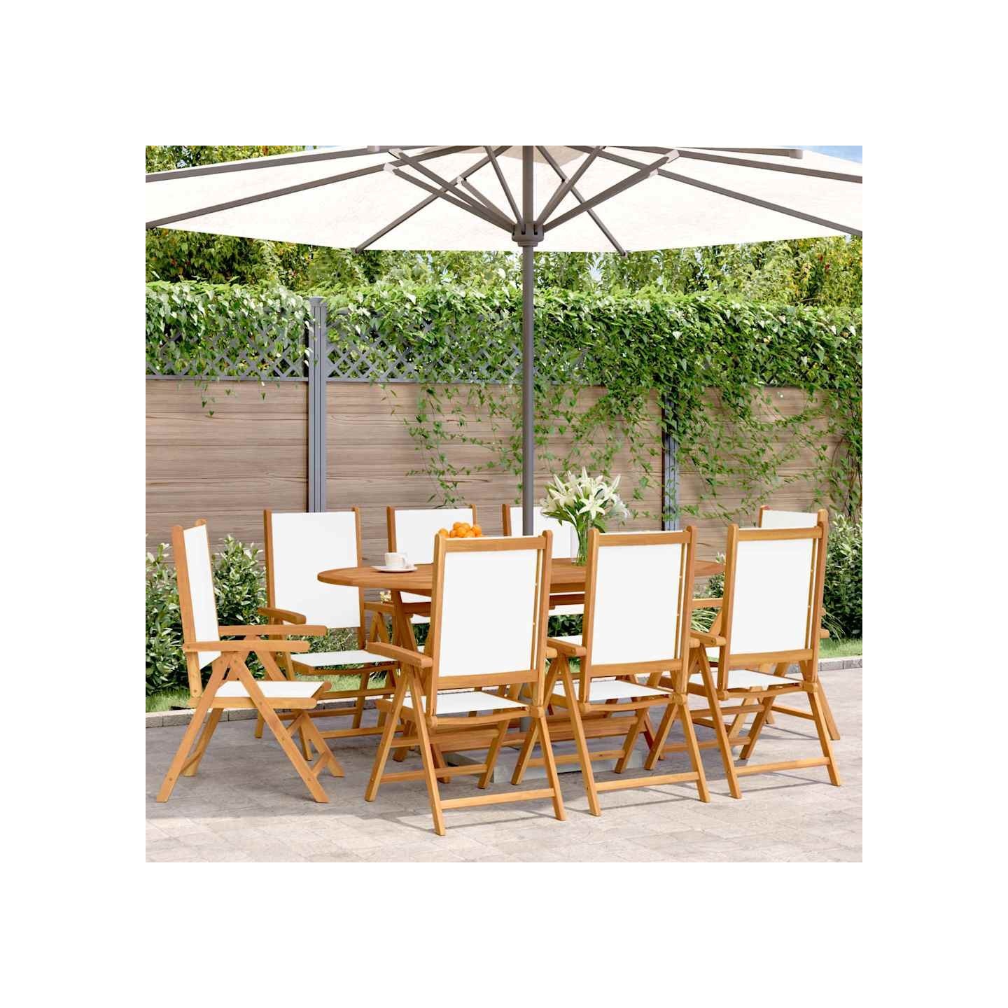 Fauteuils pliants inclinables, 8 pièces, tissu blanc crème et bois massif