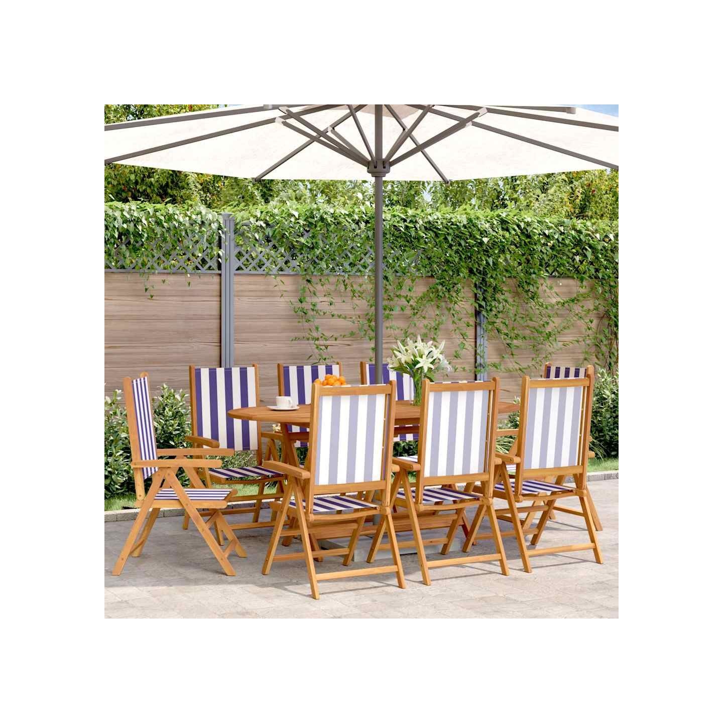 Fauteuils pliants inclinables 8 pcs bleu et blanc tissu et bois