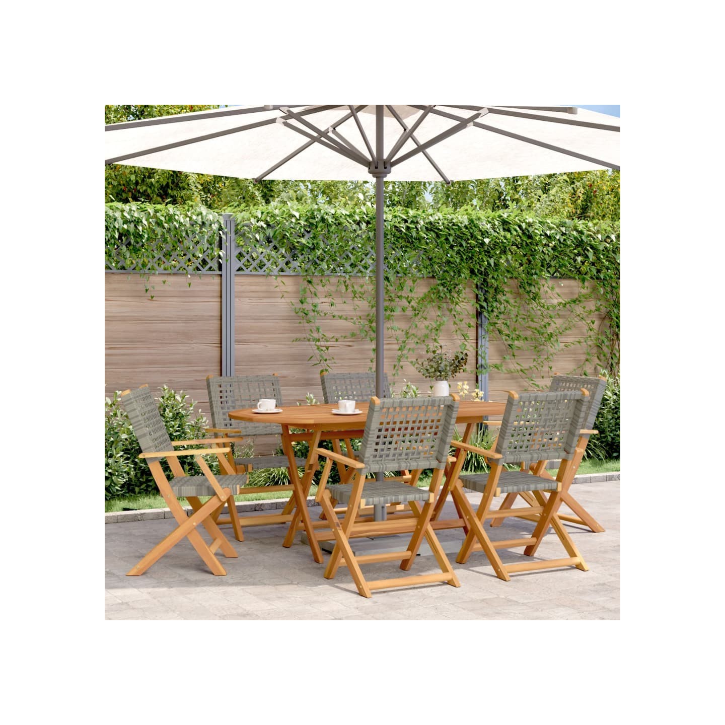 Chaises pliantes 6 pièces en polyrotin gris et bois massif