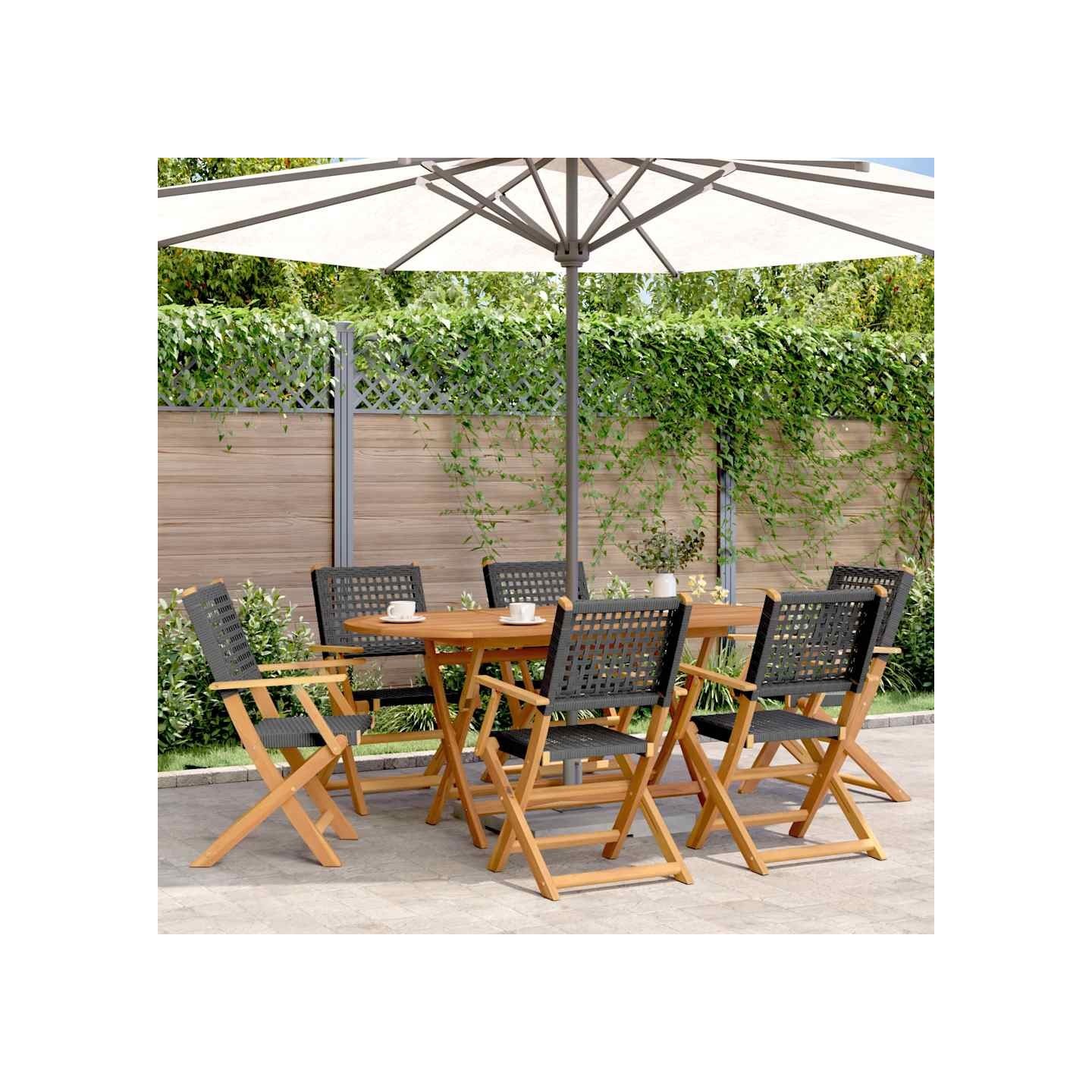 Chaises pliantes 6 pièces en polyrotin noir et bois massif