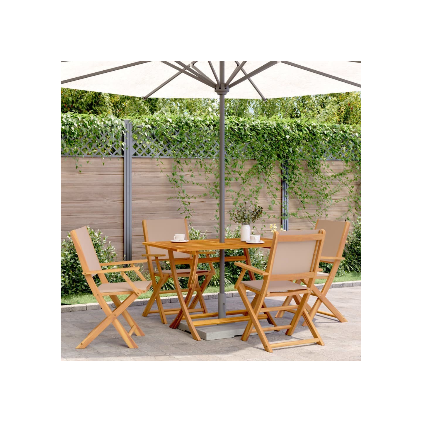 Chaises pliantes 4 pièces, tissu taupe et bois massif