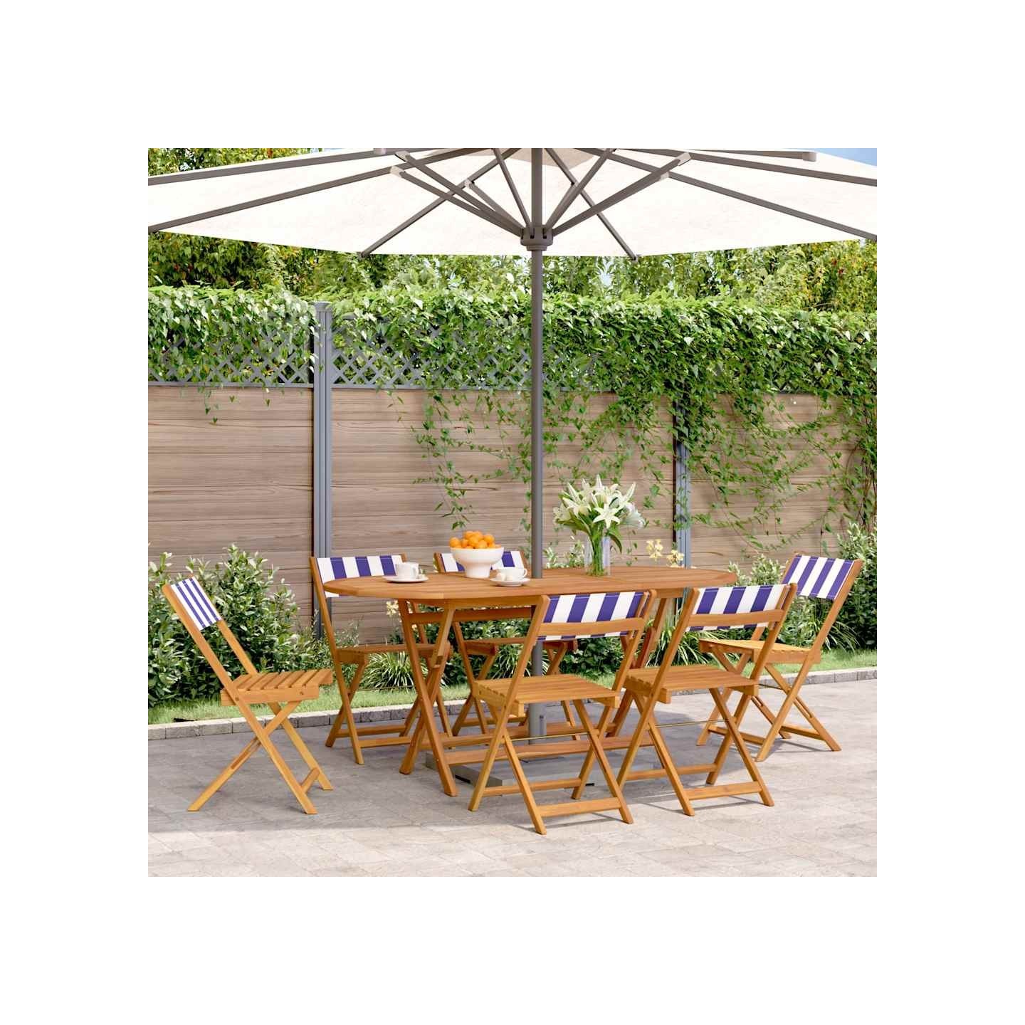 Chaises pliantes 6 pièces Tissu bleu et blanc et bois massif