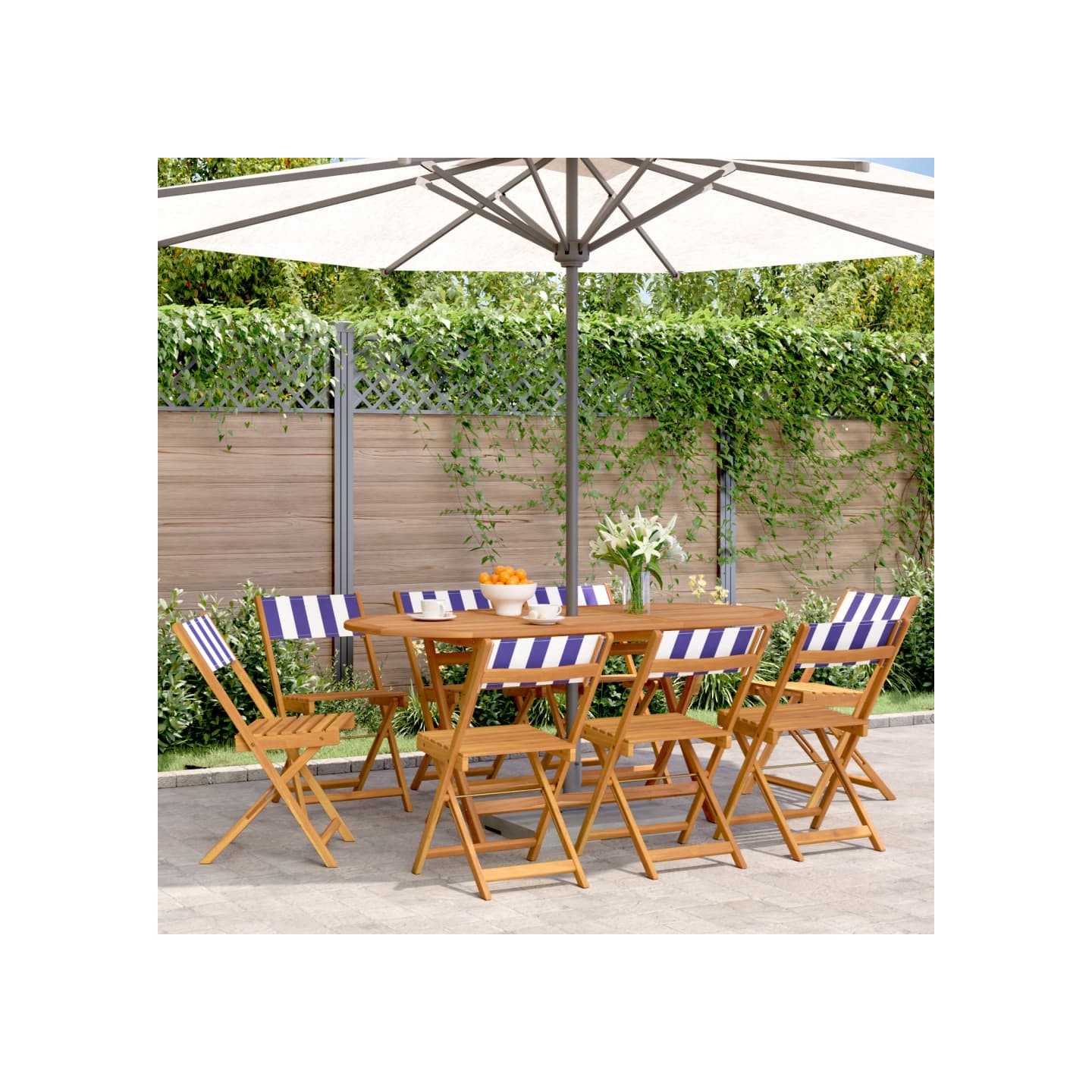 Chaises pliantes 8 pièces Tissu bleu et blanc et bois massif